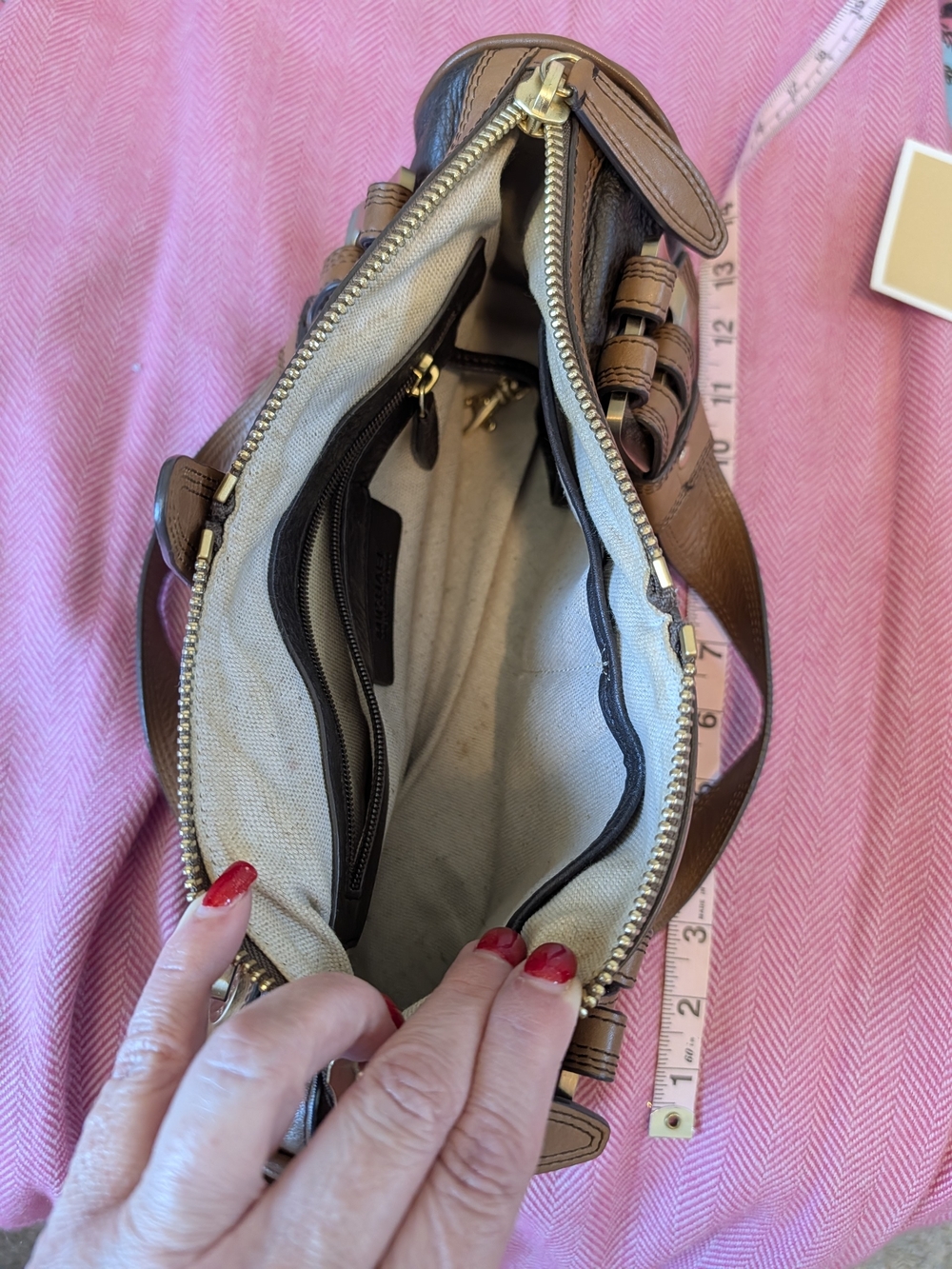 Michael Kors Leather Satchel Handbag in Dark Brown and Tan With Brass Detail - Picture 3 of 5
